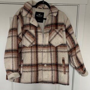 Hollister Cream and Brown Plaid Sherpa Jacket